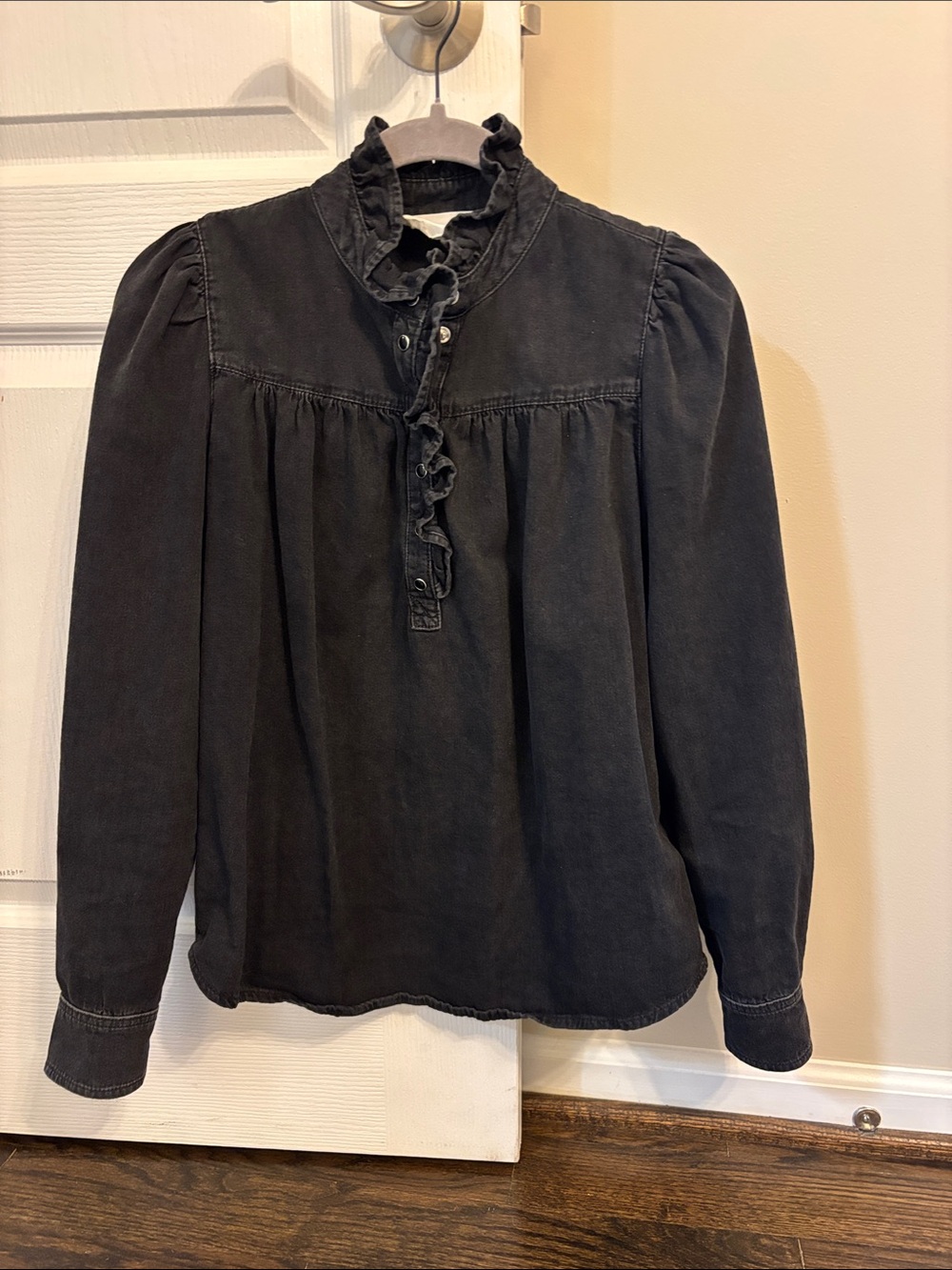 ba&sh Washed Black Ruffle-Neck Blouse